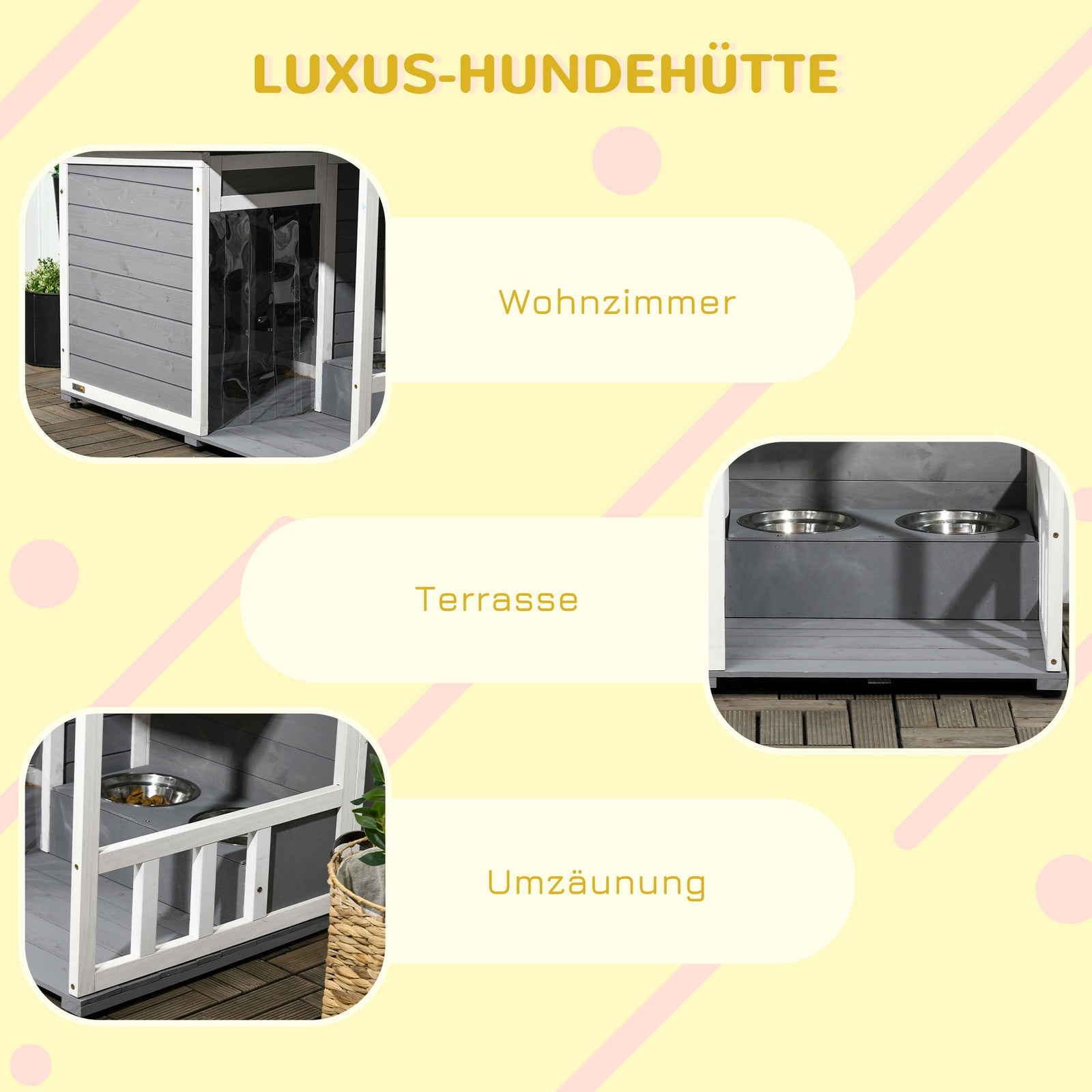 Pawhut Hundehütte, Tannenholz, Hundehaus, Kleintierhaus Mit 2 Schüsseln, Outdoor