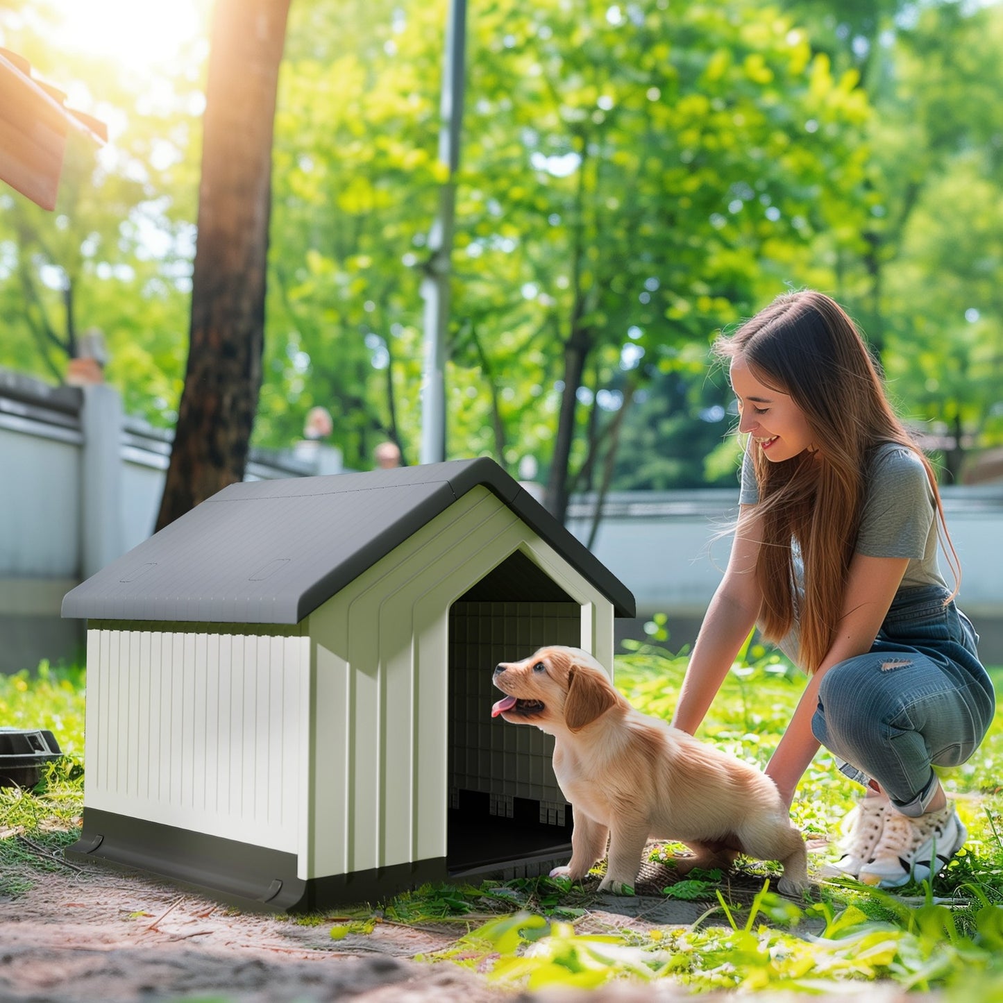 Pawhut Hundehütte Outdoor Hundehaus Mit Asphaltdach, Fenster, Grau