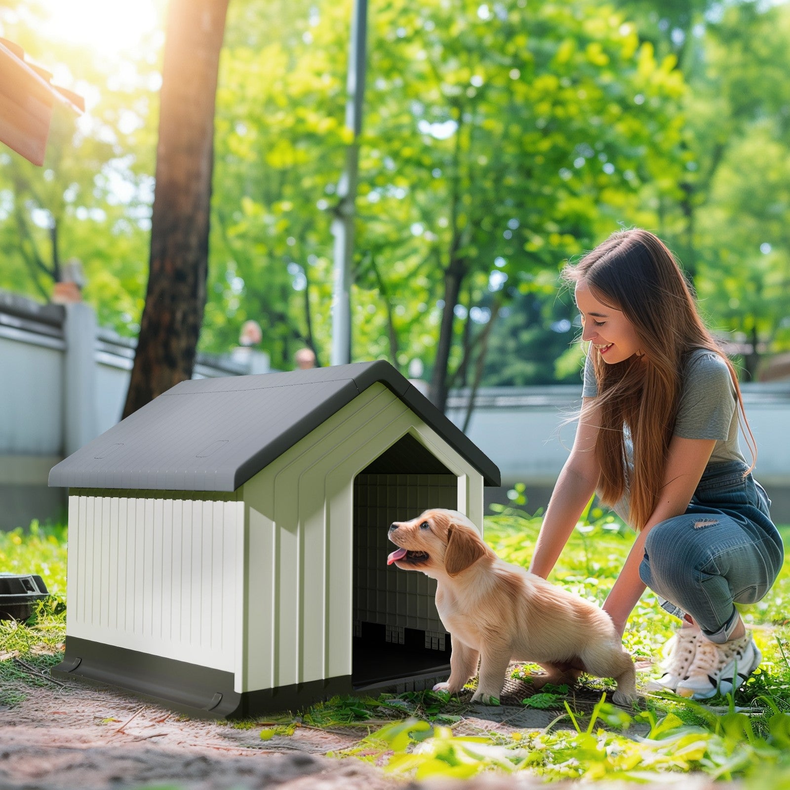 Pawhut Hundehütte Outdoor Hundehaus Mit Asphaltdach, Fenster, Grau