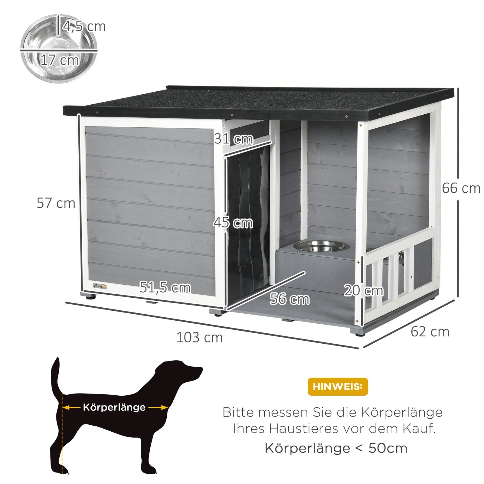 Pawhut Hundehütte, Tannenholz, Hundehaus, Kleintierhaus Mit 2 Schüsseln, Outdoor
